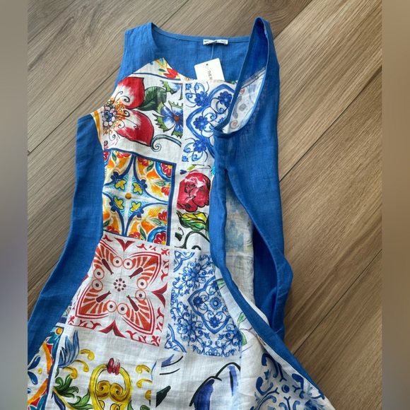 Euro Made in Italy Mario Romano Blue White Linen Printed Tank Dress - Picture 8 of 9